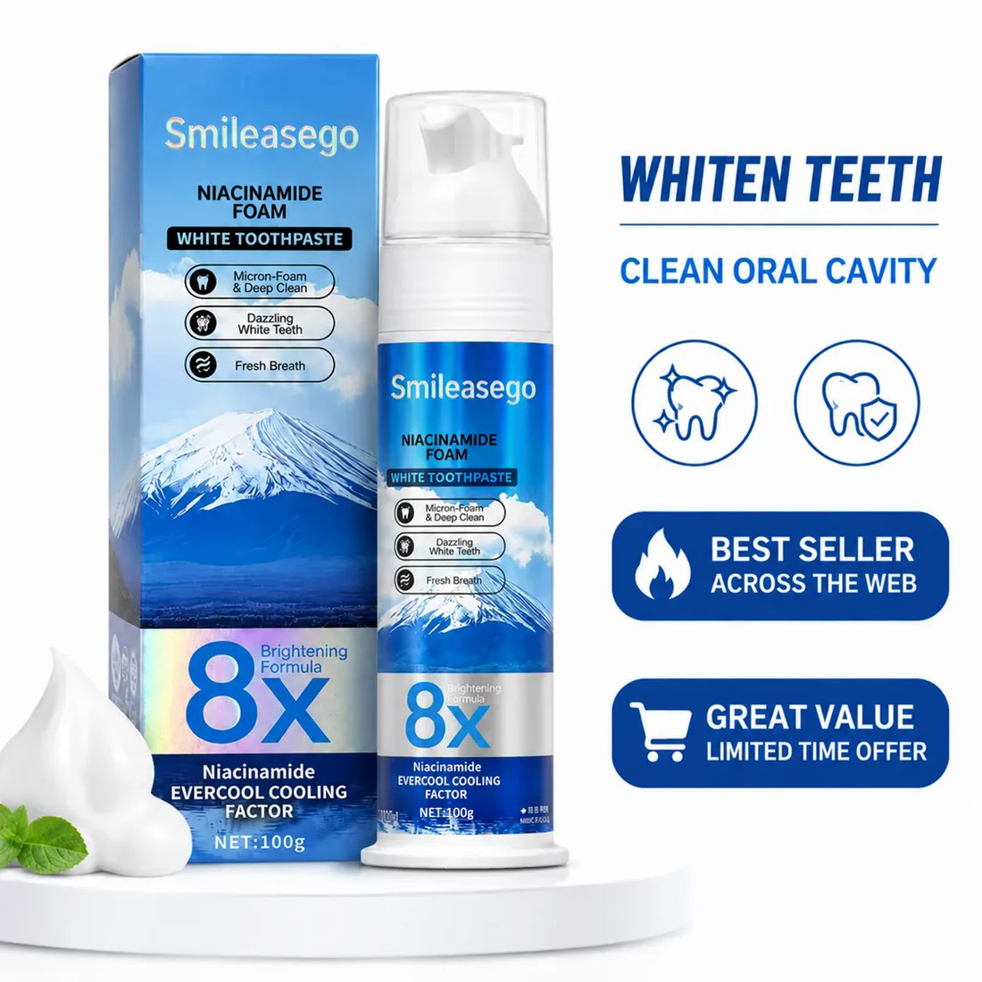 Niacinamide Foaming Whitening Toothpaste 8X - Fresh Breath Stain Removal Gentle Teeth Cleaning 100g