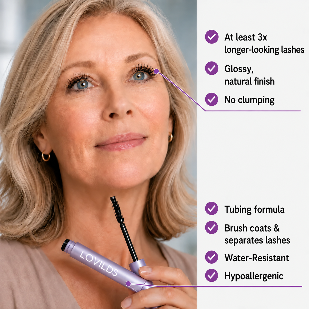 Mascara features and fine-lash makeup look