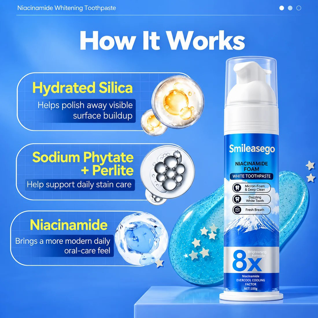 Niacinamide Foaming Whitening Toothpaste 8X - Fresh Breath Stain Removal Gentle Teeth Cleaning 100g