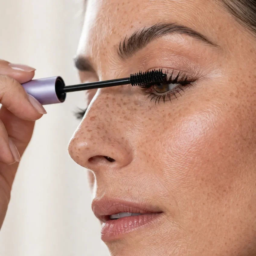 Mascara wand being applied to eyelashes